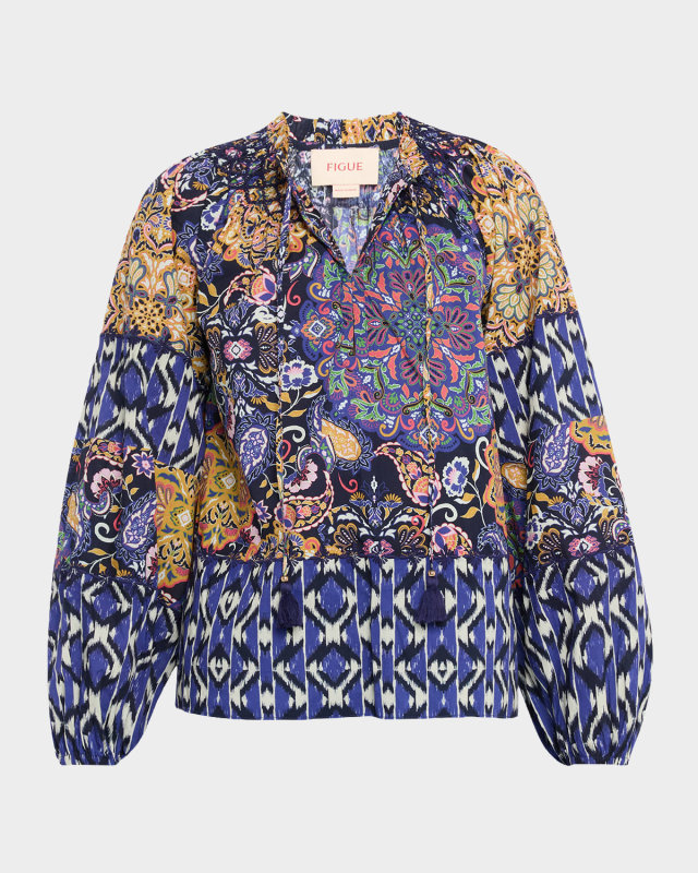 Mae Multi-Print Long-Sleeve Peasant Top